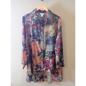Kate & Mallory Large Sheer Blouse Button Front Tunic High-Lo Colorful Abstract